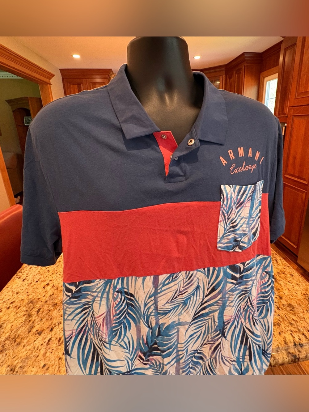 Armani Exchange men’s polo. Sharp blue & red with tropical print & logo. 2XL - Picture 2 of 5